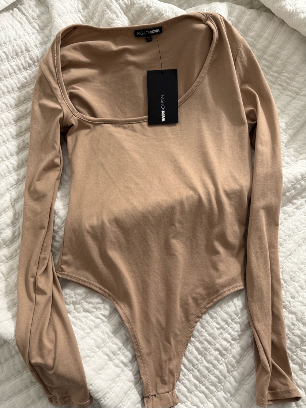 Fashion Nova Neutral Taupe Scoop Neck Long Sleeve Bodysuit